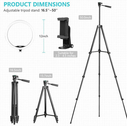 Sensyne 12'' Ring Light with 50'' Extendable Tripod Stand, LED Circle Lights with Phone Holder for Live Stream/Makeup/YouTube Video/TikTok, Compatible with All Phones