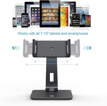 KABCON Tablet Stand,Tightness Adjustable Aluminum Alloy Tablet Stand for Desk, 360° Swivel Foldable Tablets Stands Dock for 4''-14''Tablets/Phone, iPad Series,Samsung Galaxy Tabs,Kindle Fire,Etc.