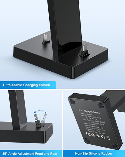 30W Fast 3 in 1 Charging Station for Apple Devices - ADADPU USB C Charger Stand for iPhone 16 15 Pro Max Plus & AirPods 4, Wireless Charger Dock Compatible with Apple Watch Ultra/10/9/8/7/6/5/4/3/2/SE