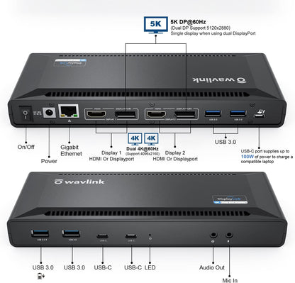 WAVLINK DisplayLink Laptop Docking Station Dual 4K@60Hz(2 HDMI+2DP), 100W PD Charging Compatible with Thunderbolt 4/3, USB-C/A - M1 M2 M3 M4 Mac, Windows, Chrome, 6 USB Ports, LAN - Driver Required