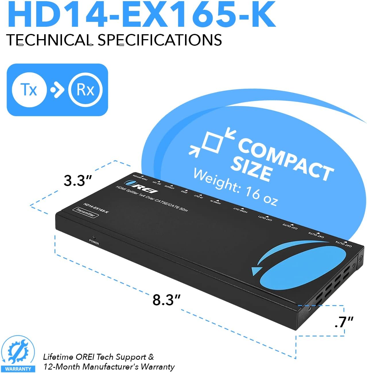 OREI 4K 1x4 HDMI Extender Splitter Over CAT6/7 Ethernet Cable Up to 4K@30Hz upto 165 ft-1080P@60Hz upto 230 ft, IR control, EDID, HDMI Loop Out (HD14-EX165-K)