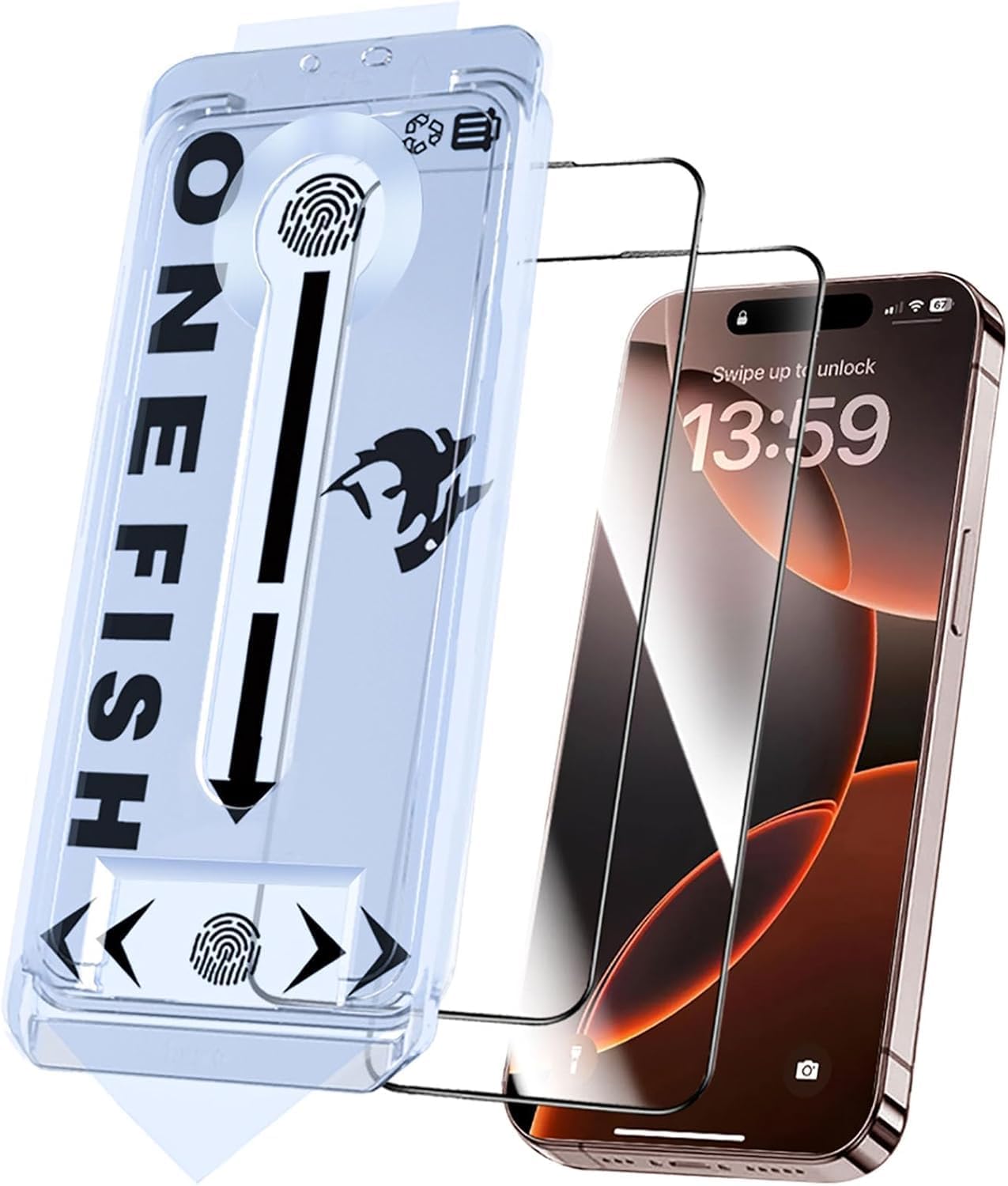 OneFish Screen Protector for iPhone 16 Plus,Airbag Edge Protection,9H Glass Scratch Resistant,HD Clarity Tempered Glass Film with Installation Frame,Easy Installation,2Pack.