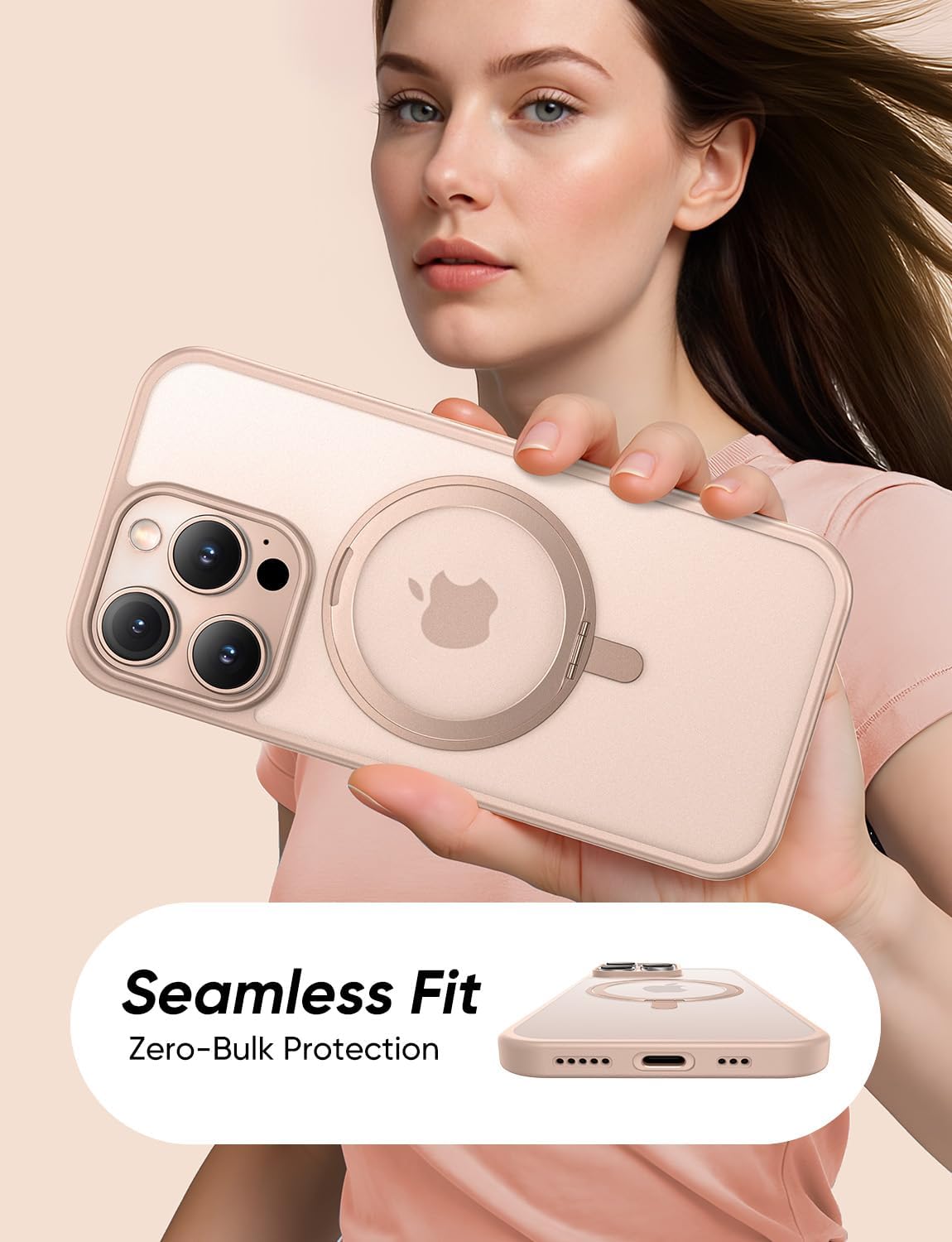 MAGIC JOHN 360° Rotatable Magnetic Invisible Stand for iPhone 15 Pro Max Case [Anti-Slip Grip] [Compatible with MagSafe] 16FT Shockproof for iPhone 15 Pro Max Case with Kickstand, Rose Gold