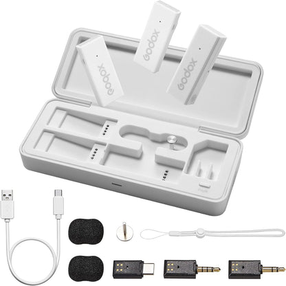 GODOX 【2025 Latest Model】 Movelink Mini UC Kit Wireless Microphone System, 2.4GHz Lavalier Mic 100m(328ft.) Range with Charging Case for Android, Camera, Vlogger, Youtuber, Interviewer(White)