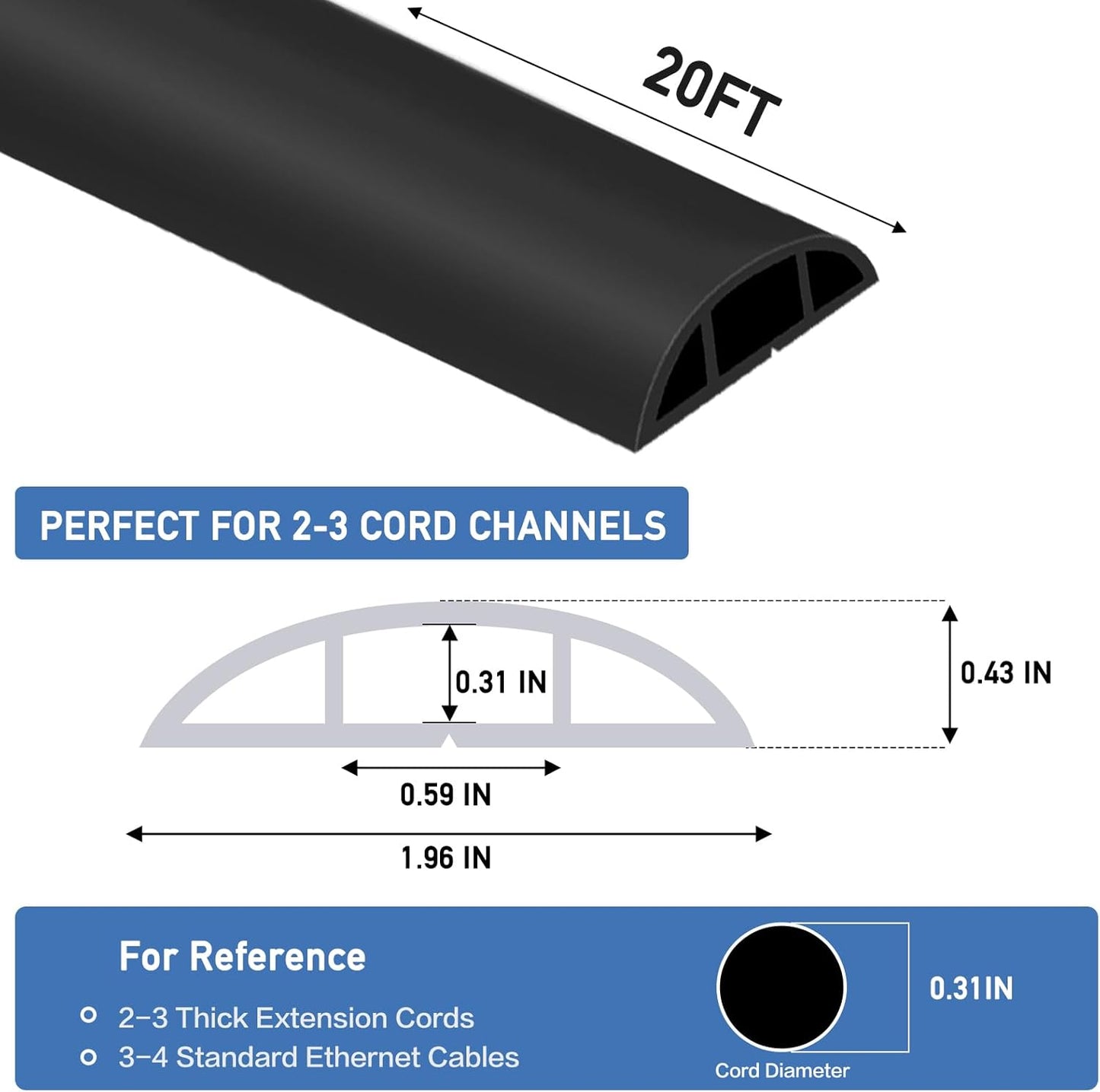 Floor Cord Cover Self Adhesive Cord Hider Floor Extension Cord Covers for Floor Power Cord Protector Cable Management Prevent Cable Trips Cable Cavity 0.59" W x 0.31" H (Black, 20Ft)