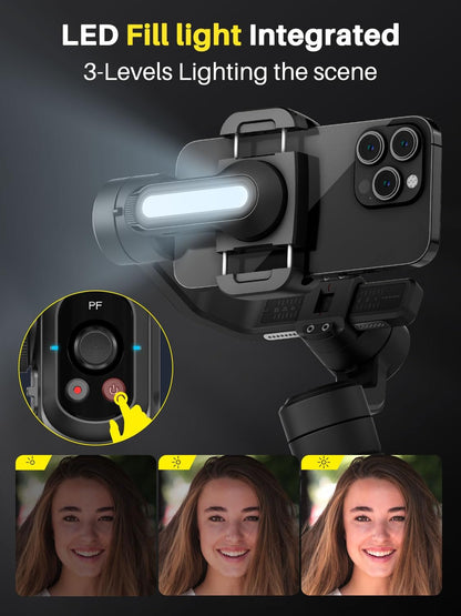Professional Gimbal Stabilizer for Smartphone,Built-in 18CM Extension Rod and Powerful Fill Light,360°Inception,Face&Object Tracking Stabilizer,3-Axis Gimbal for iPhone& Android-Smart S2