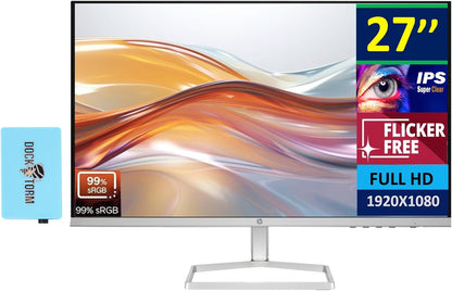 HP Series 5 527sw 27" 300 nits IPS FHD Monitor (Replaces M27FW) Adjustable Tilt, Flicker Free, Anti-Glare, Ultra-Thin, Low-Blue Light Filter, 1x HDMI, White/Silver w/DKZ Hub USB Port Expander
