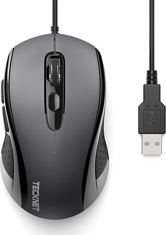 TECKNET Computer Wired Mouse, USB Mice for Laptop with 6-Button, 3600DPI Optical PC Wired Mouse, Home and Office 5FT USB-A Corded Comfortable Mice, Plug & Play, NO Battery Required-Grey