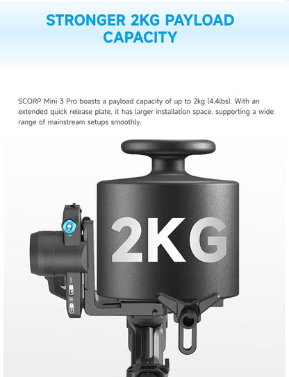 FeiyuTech SCORP Mini-3-Pro Gimbal Stabilizer for Camera Mirrorless/Compact/Action Cameras,Smartphone,18m AI Tracking,Detachable Remote Handle,4.4lbs Payload,3-axis Gimbal for Canon Sony Nikon