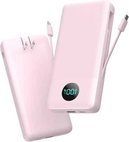 Portable Charger 33800mAh USB C Power Bank with Built-in Cables & AC Wall Plug,25W Fast Charging+QC 4.0 Phone Charger,4 Output LCD Display Battery Pack Compatible with iPhone16/15,Samsung,Android etc