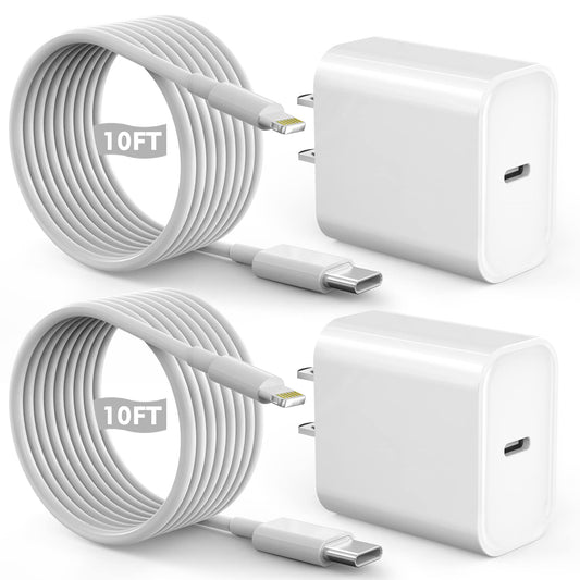 Fast iPhone Charger, Quick 10Foot USBC Wall Charger Phone Charge 2Pack 20W PD USB C Fast Charger Block + 10FT Lightning Fast Charging Cable for iPhone 14/Pro/Pro Max/Plus/13/12/11/XS/XR/X/SE2022/iPad
