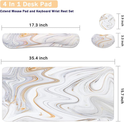 4-in-1 Large Gaming Mouse Pad, Keyboard Wrist Rest Pad & Wrist Support Mousepad Set, Extended Desk Pad Waterproof Desk Mat for Home Office Study Game - White Marble