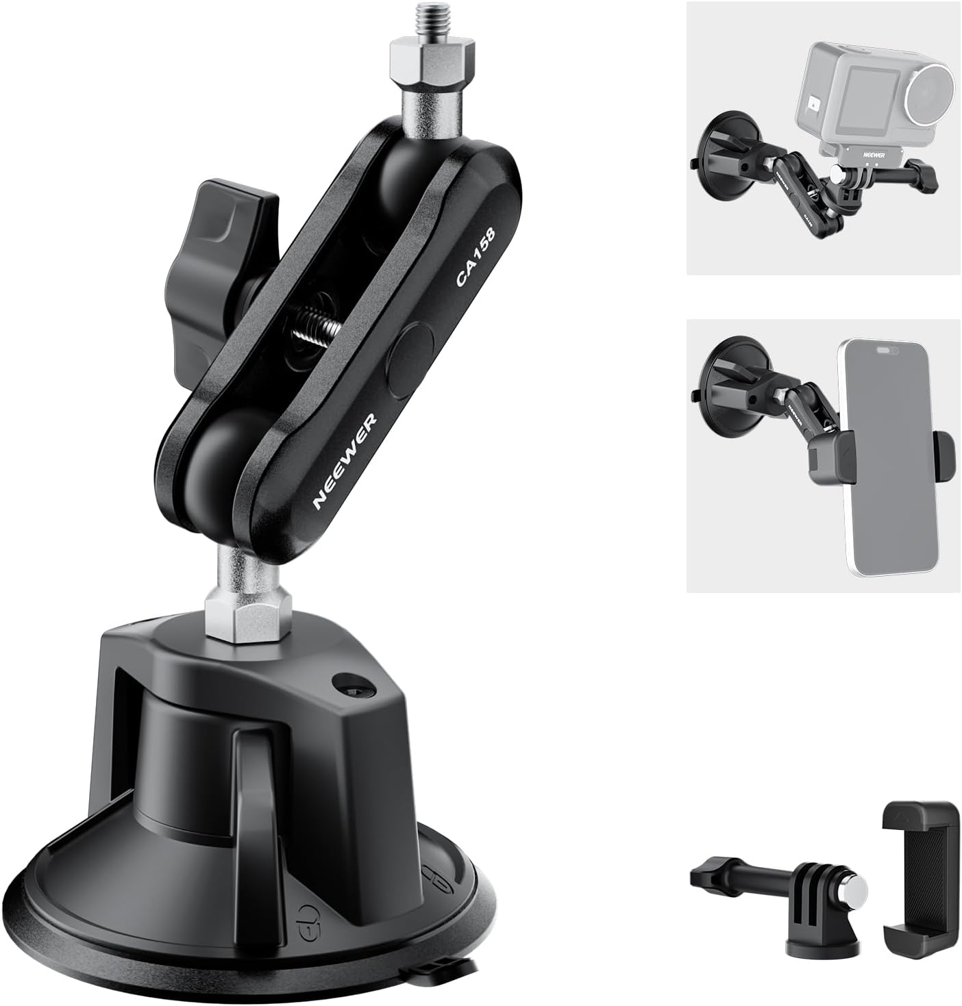 NEEWER Suction Cup Phone Holder & Camera Mount Compatible With GoPro DJI Insta360 iPhone, Car Phone Mount with Action Camera Adapter 360° Magic Arm for POV Windshield Glass Vlog Video Recording, CA158