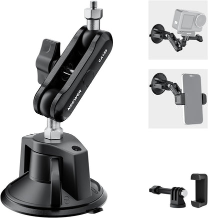 NEEWER Suction Cup Phone Holder & Camera Mount Compatible With GoPro DJI Insta360 iPhone, Car Phone Mount with Action Camera Adapter 360° Magic Arm for POV Windshield Glass Vlog Video Recording, CA158