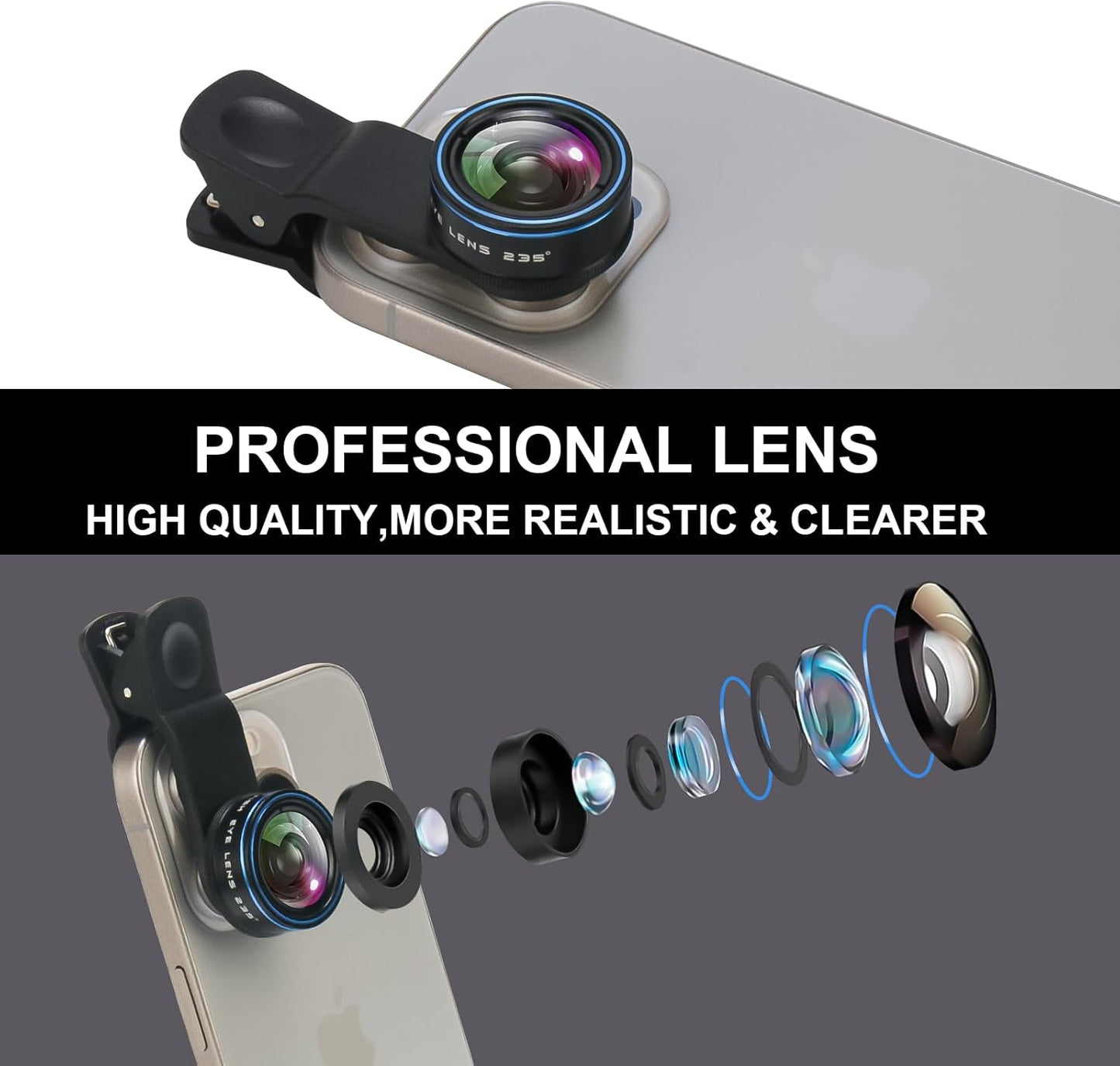 Fisheye Lens 235° Phone Camera Lens, Fish Eye Lens for iPhone 14 13 12 X XR Pixel Samsung Smartphone,Clip on Cell Phone，Funny Photos