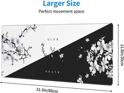 Japanese Life Death Keyboard Mat, Black White Japanese Anime Gaming Mouse Pad for Desk with Anti-Slip Rubber Base and Stitched Edges, Japanese Sakura Pagoda Sun Mouse Pad
