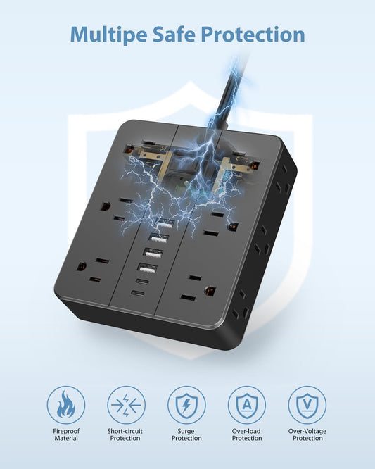 Power Strip Flat Plug with 12 Outlets 6 USB(2 USB C),SMNICE Surge Protector Charging Station with Overload Protection,5ft Extension Cord Widely Spaced Multiple Outlets for Home Office Dorm,Black