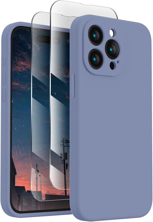 FireNova Designed for iPhone 15 Pro Case, Silicone Upgraded [Camera Protection] Phone Case with [2 Screen Protectors], Soft Anti-Scratch Microfiber Lining Inside, 6.1 inch, Lavender Gray