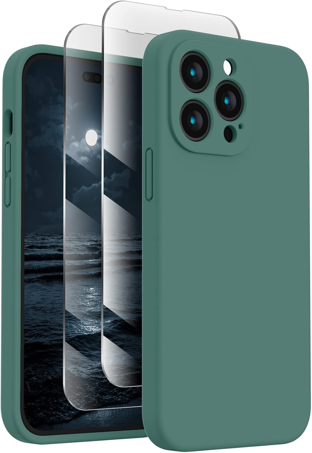 FireNova for iPhone 14 Pro Case, Silicone Upgraded [Camera Protection] Phone Case with [2 Screen Protectors], Soft Anti-Scratch Microfiber Lining Inside, 6.1 inch, Midnight Green