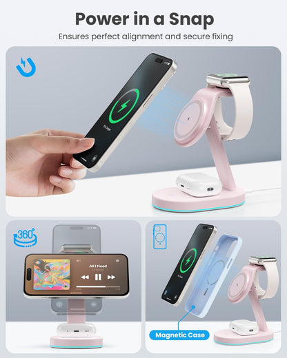 3 in 1 Wireless Charger Charging Station for iPhone,Qi2 Certified 15W Magnetic Charging Stand for Mag-Safe with 30W USB C Adapter&Friendly Night Light for iPhone 16/15/14/13/12,Apple Watch,AirPods