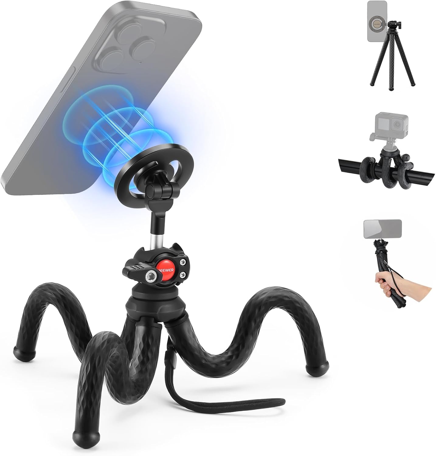 NEEWER Magnetic Flexible Phone Tripod Compatible with Magsafe iPhone 15 Pro Max 14 Series Android, Mini Vlog Cellphone Tripod Stand with Ball Head for Stroller Bike Motorcycle Tube Round Objects, TP33