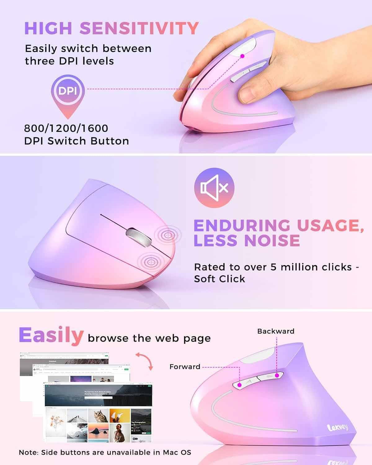 Lekvey Ergonomic Mouse, Vertical Wireless Mouse Rechargeable 2.4 GHz Optical Carpal Tunnel Mouse : 800/1200 / 1600 DPI, 6 Buttons, for Laptop, PC, Computer, Desktop, Notebook etc, Pink to Purple