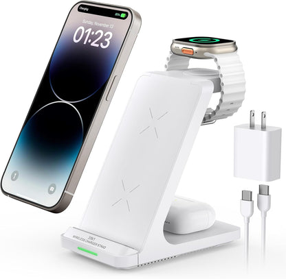 Wireless Charging Station, 3 in 1 Fast Wireless Charger Stand for Multiple Devices Apple Watch Ultra Series 10 9 8 7 6 SE 5 4 3 2, iPhone 16 15 14 13 12 11 Pro Max/Plus/Mini/X/XS/Max/XR/SE, Airpods