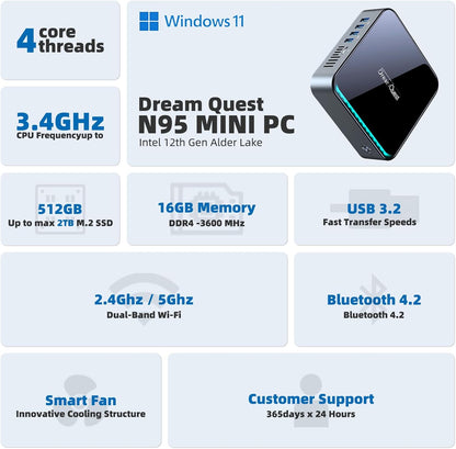 DreamQuest Mini PC W 11 Pro, Intel 12th Gen N95 (Up to 3.4GHz), 16GB RAM, 512GB SSD | Mini Computer for Business & Home Office | 4K HDMI, Gigabit Ethernet, WiFi 5, BT 5.0