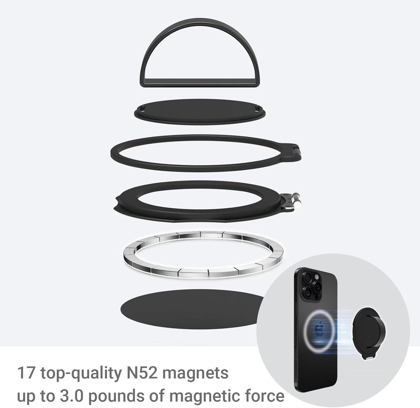 Grat 3 Upgraded Magnetic Phone Grip Stand, 360° Rotatable Silicone Strap Phone Loop Holder, Detachable Ring Kickstand Compatible with Magsafe iPhone 16 15 14 13 12 Pro/max, Black