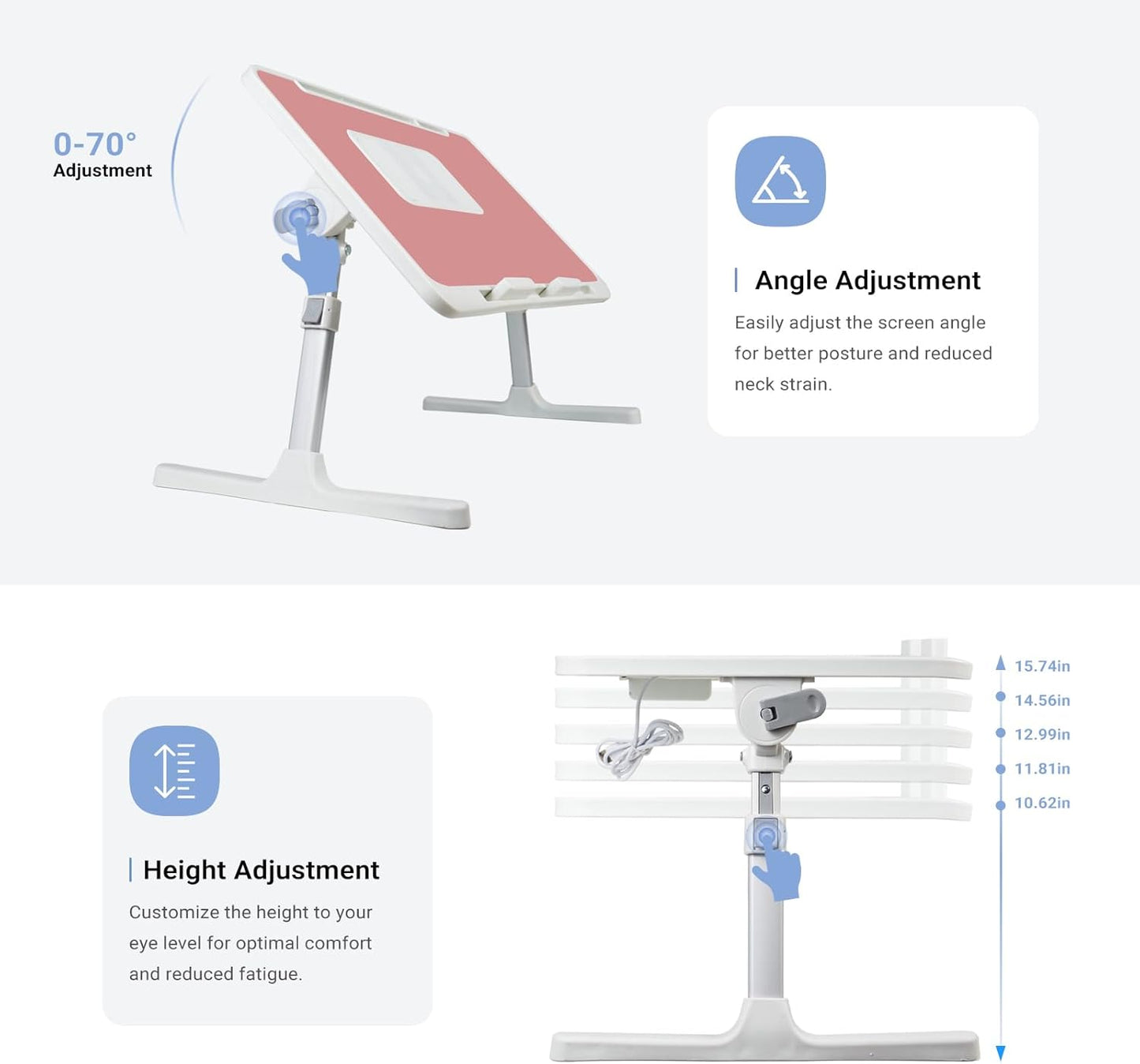 Laptop Lap Desk Include Cooling Fan,Adjustable Lap Desk with Light Fan,Folding Laptop Desk for Bed with USB,Bed Desk with Storage Drawer 60x40cm,Pink