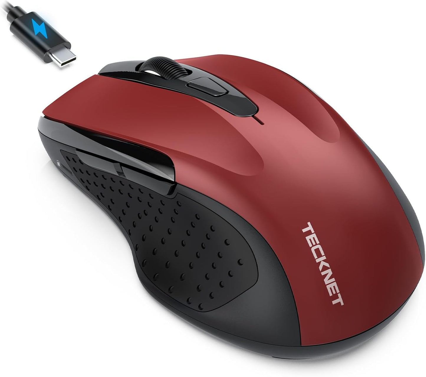 TECKNET Rechargeable Jiggler Wireless Mouse (BT5.0/3.0 & 2.4G) 4800 DPI Silent USB A & Bluetooth Mouse 6 Buttons, Wide Compatibility - Red