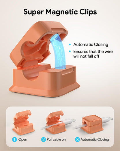 8 Pack Magnetic Cord Organizer, Easy Secure Adhesive Cable Management, Wire Holder Keeper, Hide Or Organize Phone USB Charger Cable, Orange