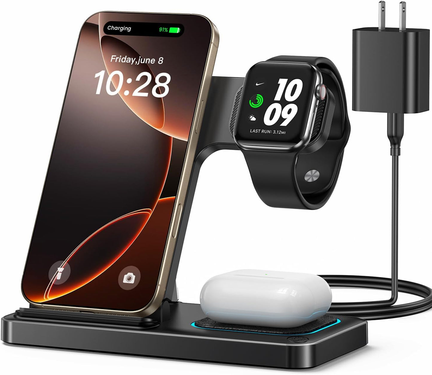 DUMTERR 3 in 1 Wireless Charger for iphone 16 15 14 13 12 11 XR 8, Apple Charging Station for Apple Watch 10/9/Ultra/8/7/SE/6/5/4 & AirPods Series, Wireless Charging Station for Multiple Devices Apple