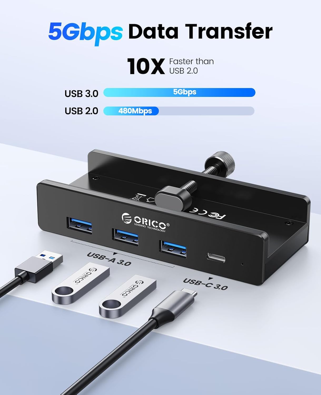 ORICO USB Hub 3.0, Clamp USB Hub with Extra Power Supply Port, Aluminum 4-Port USB Adapter with 3 USB-A Data Ports, USB-C Port for Monitors, Desks (Black)