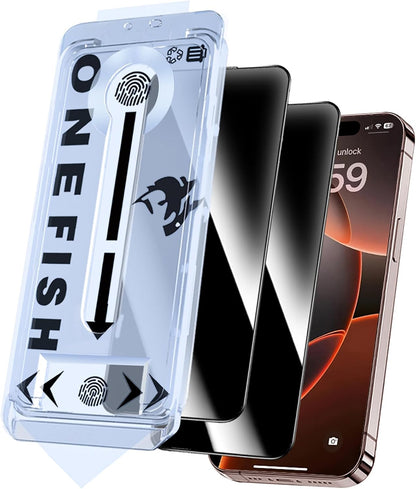 OneFish Privacy Screen Protector for iphone 15 Pro Max, Anti-Spy Tempered Glass Private, Edge Protection Screen Protector with Installation Frame, 9H Glass Scratch Resistant, 2Pack