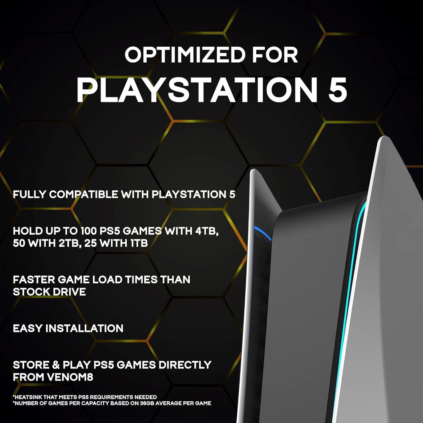 Fantom Drives VENOM8 4TB NVMe Gen 4 M.2 SSD for PlayStation 5 (PS5) Gaming PC & Laptop, Graphics, Video Editing - 3D NAND TLC DDR4 DRAM Cache Internal SSD - Up to 7400MB/s - w/Heatsink (VM8X40-PS5)