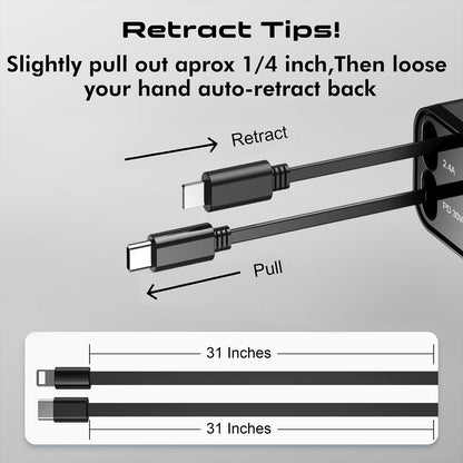 Retractable Car Charger, 4 in 1 Fast Charging USB-C & USB-A Compatible with iPhone 16/15/14/13/12/11 Pro Max, 69W Fast Car-Charger Cigarette Lighter Adapter for Galaxy, Pixel (Light-ning+USB-C) Grey