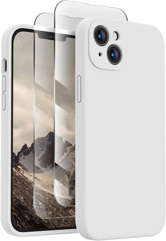 FireNova Designed for iPhone 13 Case, Silicone Upgraded [Camera Protection] Phone Case with [2 Screen Protectors], Soft Anti-Scratch Microfiber Lining Inside, 6.1 inch, White