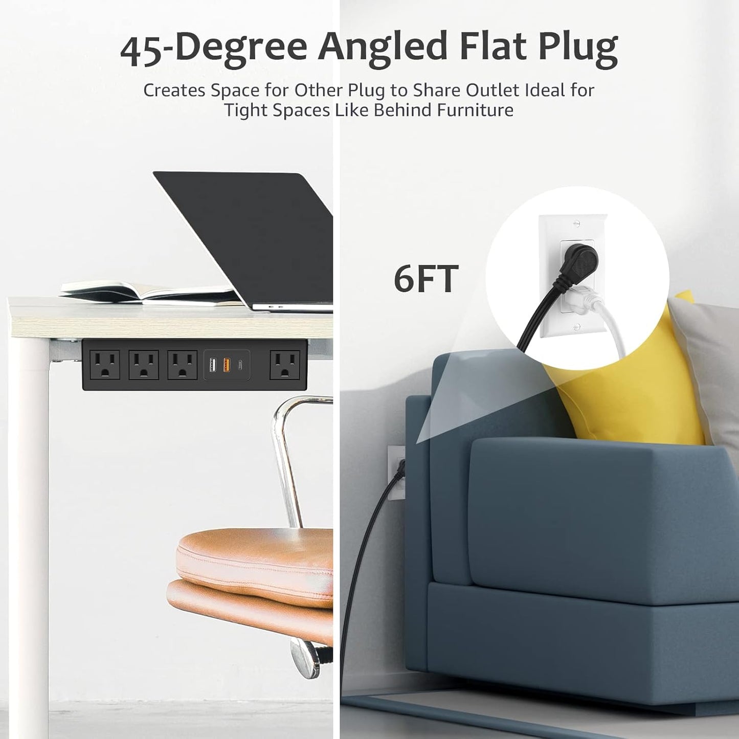 HHSOET 45W Under Desk Power Strip with 3M Adhesive, Removable Under Desktop Mount Plug with Fast Charging USB C and USB A Ports, 4 Outlet Under Table Surge Protector 1200J, 6FT Extension Cord. (Black)