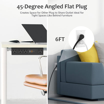 HHSOET 45W Under Desk Power Strip with 3M Adhesive, Removable Under Desktop Mount Plug with Fast Charging USB C and USB A Ports, 4 Outlet Under Table Surge Protector 1200J, 6FT Extension Cord. (Black)