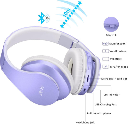 ZIHNIC Bluetooth Headphones Over-Ear, Foldable Wireless and Wired Stereo Headset Micro SD/TF, FM for Cell Phone,PC,Soft Earmuffs &Light Weight for Prolonged Wearing (Purple)
