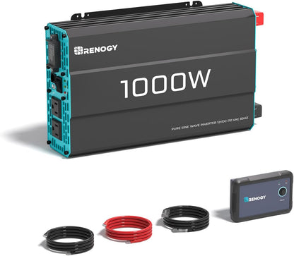 Renogy Inverter P2 1000 watt Pure Sine Wave Inverter, Solar Car Power Inverter 12V to 120V AC Converter for RV, Truck, Camping, Home Backup, Outdoor, Emergency, Off-Grid Living, 16.4FT Remote Control