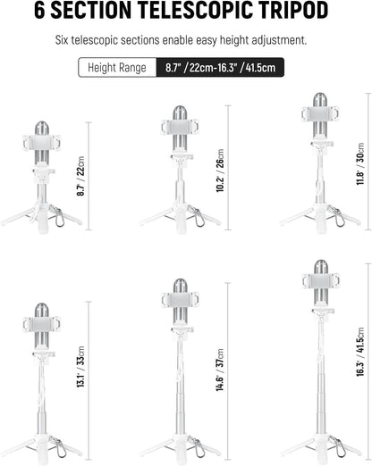 NEEWER Selfie Stick with Detachable Bluetooth Remote Shutter, Lightweight Foldable Travel Tripod for iPhone for YouTube/TikTok Vlogs Live Streaming Photography, White, P15