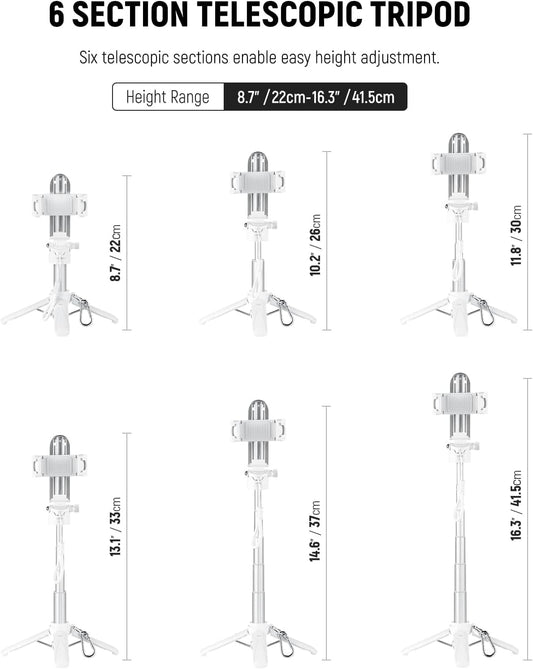 NEEWER Selfie Stick with Detachable Bluetooth Remote Shutter, Lightweight Foldable Travel Tripod for iPhone for YouTube/TikTok Vlogs Live Streaming Photography, White, P15