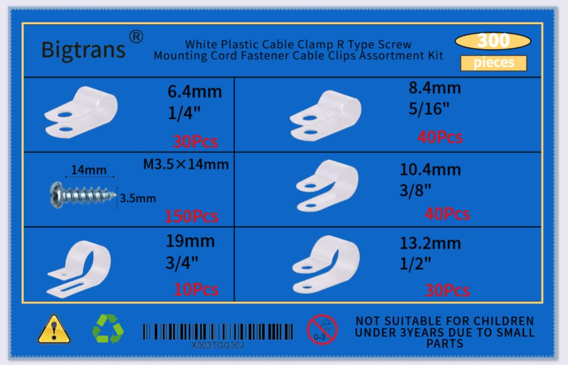 Bigtrans 300 Pcs Nylon Plastic R-Type Wire Clips with Screws 1/4" 5/16" 3/8" 1/2" 3/4" Clamps Fasteners Assortment for Cable Conduit -5 Size -White