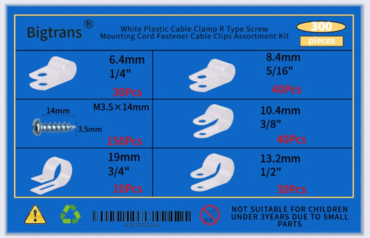 Bigtrans 300 Pcs Nylon Plastic R-Type Wire Clips with Screws 1/4" 5/16" 3/8" 1/2" 3/4" Clamps Fasteners Assortment for Cable Conduit -5 Size -White