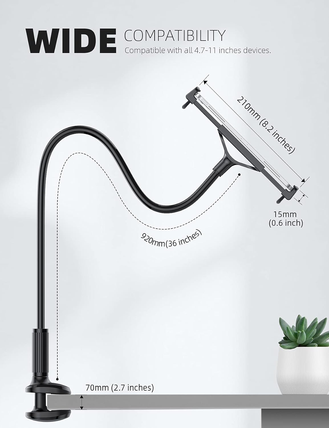 Lamicall Gooseneck Tablet Mount Holder for Bed - Flexible Tablet Arm Clamp for Bed Compatible with Pad Mini 7.9, Air 9.7, Pro 10.5, Kindle, Switch, Galaxy Tabs, More 4.7-11" Device - Black