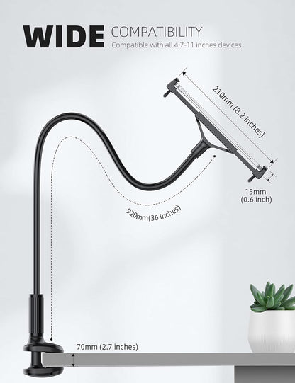 Lamicall Gooseneck Tablet Mount Holder for Bed - Flexible Tablet Arm Clamp for Bed Compatible with Pad Mini 7.9, Air 9.7, Pro 10.5, Kindle, Switch, Galaxy Tabs, More 4.7-11" Device - Black