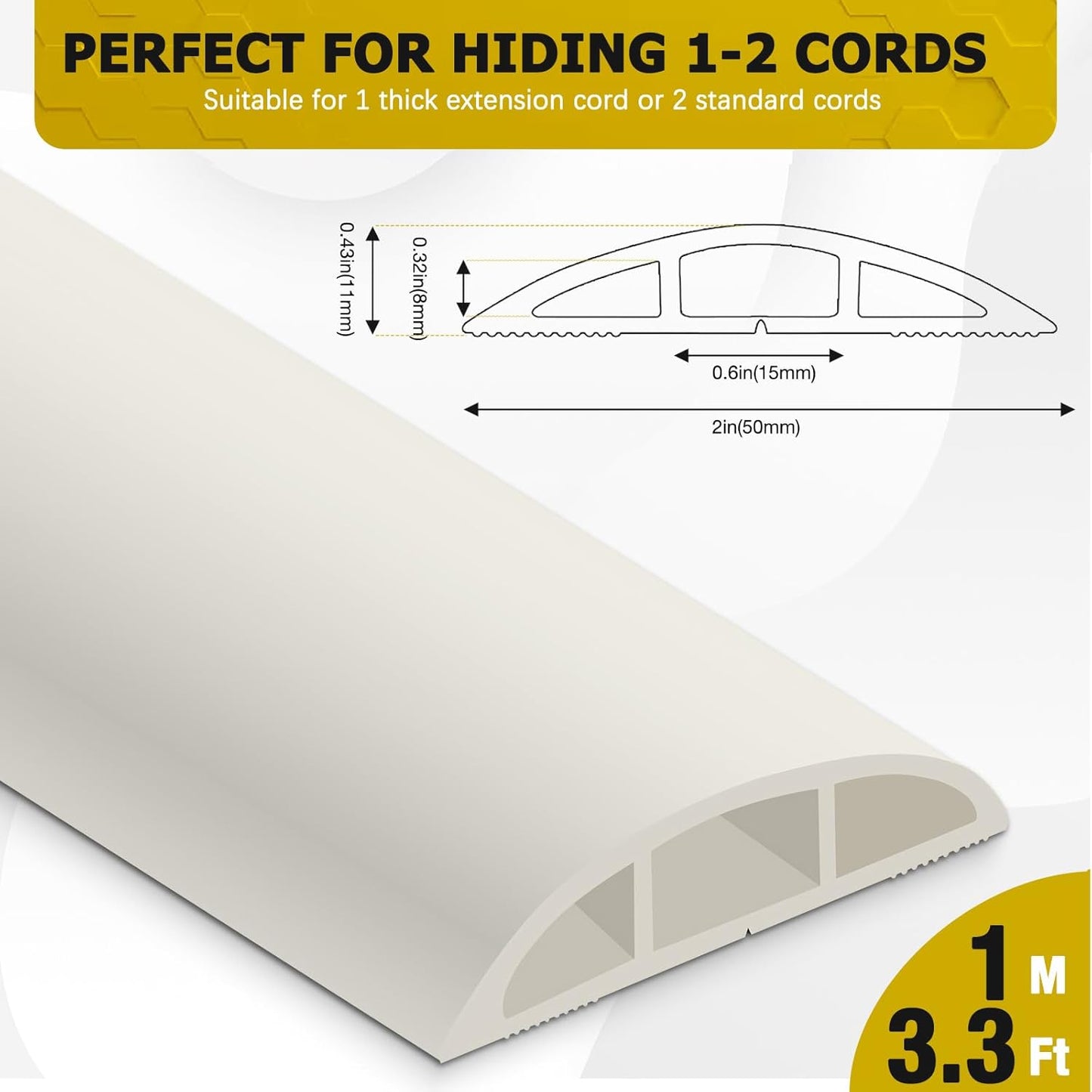 Floor Cord Cover 3.3FT Cord Covers for Wires on Floor Protect Wires & Prevent Trip Hazards, Easy to Cut for Home, Office, School, Concerts, Cavity W0.6in x H0.32in