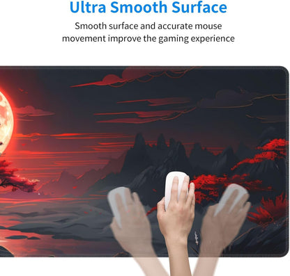 Extended Gaming Mouse Pad, Large Desk Mat XL Anime Mouse Pad Waterproof with Stitched Edges, Non-Slip Desktop Pad for Home and Office, Level Up Your 31.5x11.8 Inch (Darkness Red Moon)